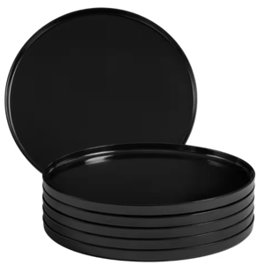 Six black melamine dinner plates are stacked, showcasing their simple round design suitable for serving meals.