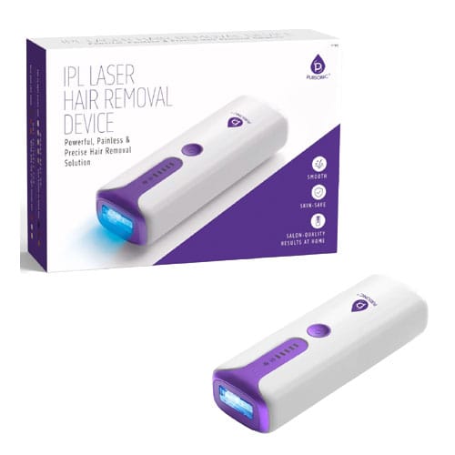 IPL Laser Hair Removal Device with packaging, featuring a white and purple design. It claims to offer a powerful, painless, and precise hair removal solution with salon-quality results at home.
