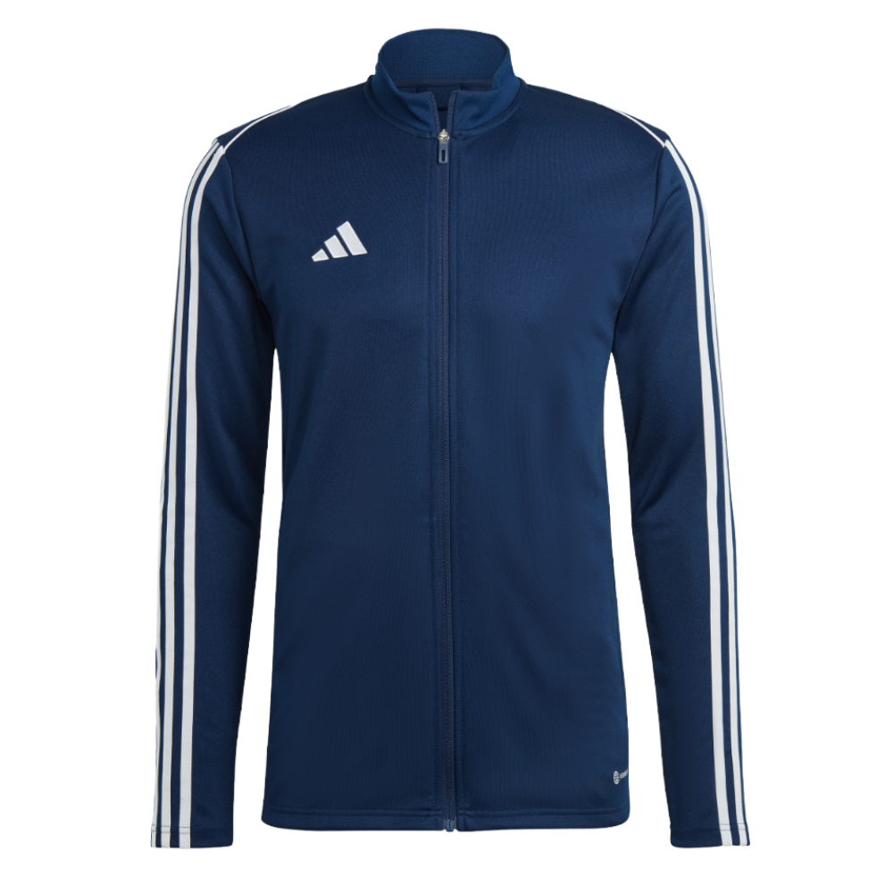 A navy blue Adidas track jacket featuring white stripes on the sleeves and an Adidas logo on the chest.