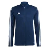 A navy blue Adidas track jacket featuring white stripes on the sleeves and an Adidas logo on the chest.