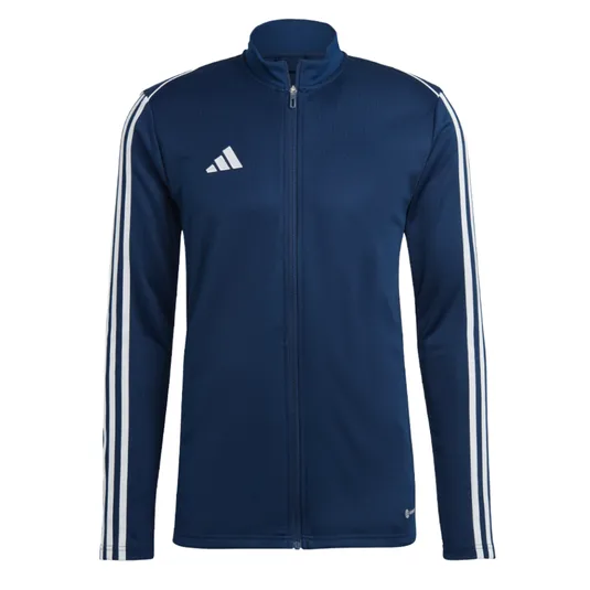 A navy blue Adidas track jacket featuring white stripes on the sleeves and an Adidas logo on the chest.