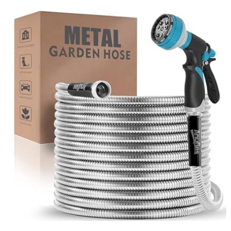 A metal garden hose with a durable, coiled design, includes a spray nozzle attachment. The box indicates uses for home, pet cleaning, car washing, and gardening.