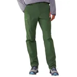 Green hiking pants with a zip pocket on the left thigh, paired with gray and blue trail shoes.