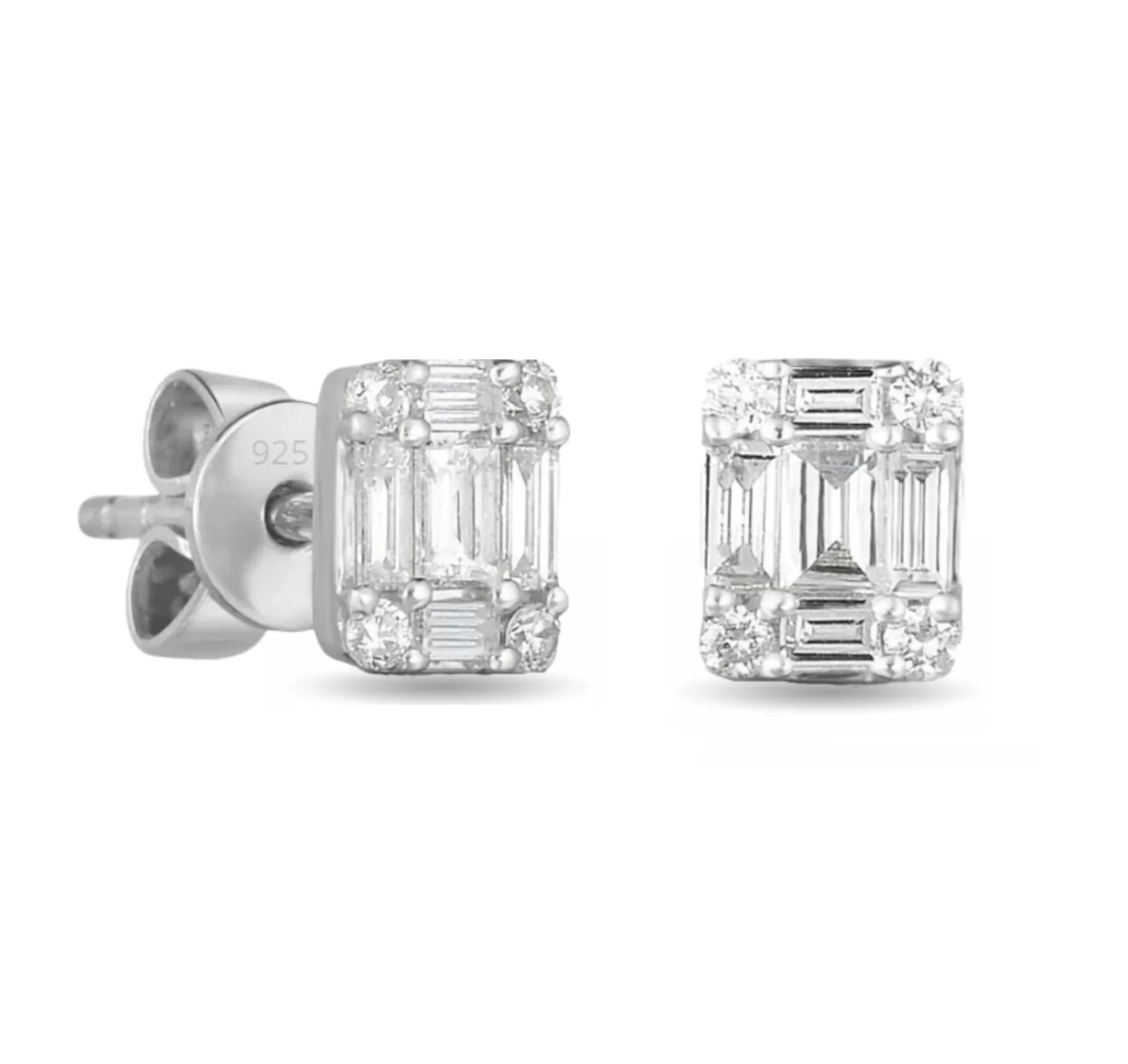 Pair of rectangular stud earrings featuring baguette and round-cut clear gemstones set in 925 sterling silver with a butterfly back closure.