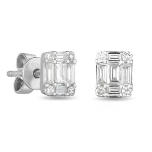 Pair of rectangular stud earrings featuring baguette and round-cut clear gemstones set in 925 sterling silver with a butterfly back closure.