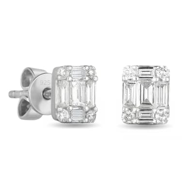 Pair of rectangular stud earrings featuring baguette and round-cut clear gemstones set in 925 sterling silver with a butterfly back closure.