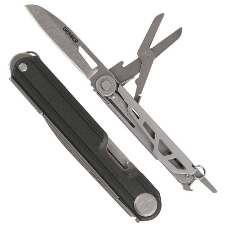 A multi-tool with an open knife blade and various tools including scissors and a screwdriver.