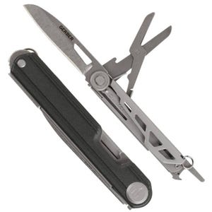 A multi-tool with an open knife blade and various tools including scissors and a screwdriver.