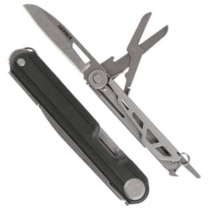 A multi-tool with an open knife blade and various tools including scissors and a screwdriver.