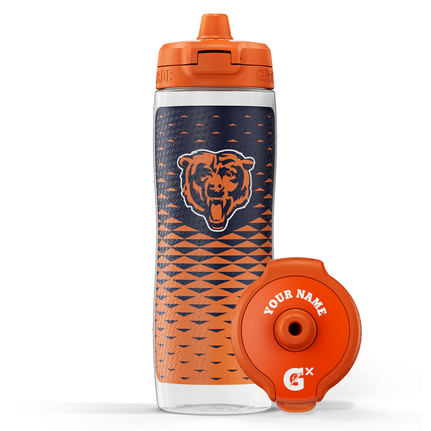 Gatorade sports bottle featuring a bear logo with an orange and navy pattern. The cap is customizable with \“Your Name\“ printed on it.