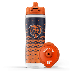 Gatorade sports bottle featuring a bear logo with an orange and navy pattern. The cap is customizable with \“Your Name\“ printed on it.
