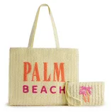 A beige woven beach tote with \“PALM BEACH\“ in orange and pink letters, accompanied by a matching zippered wristlet featuring a pink palm tree design.
