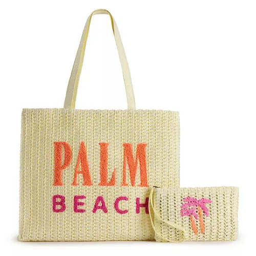 A beige woven beach tote with \“PALM BEACH\“ in orange and pink letters, accompanied by a matching zippered wristlet featuring a pink palm tree design.