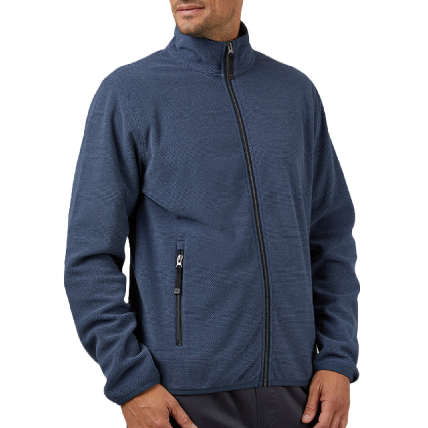 A navy blue fleece full-zip jacket featuring a high collar and zippered side pockets, designed for warmth and comfort.