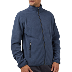 A navy blue fleece full-zip jacket featuring a high collar and zippered side pockets, designed for warmth and comfort.