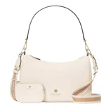 A cream Kate Spade shoulder bag with detachable strap and small matching pouch, featuring the brand's logo in gold.