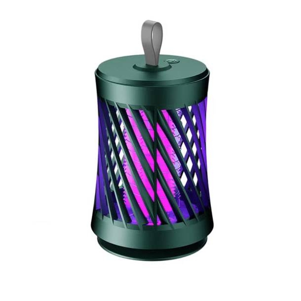 A portable electronic insect zapper with a cylindrical design featuring a purple light surrounded by angled slats, topped with a carrying handle.