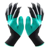 Green and black gardening gloves with attached black plastic claws for digging and planting.
