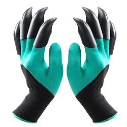 Green and black gardening gloves with attached black plastic claws for digging and planting.