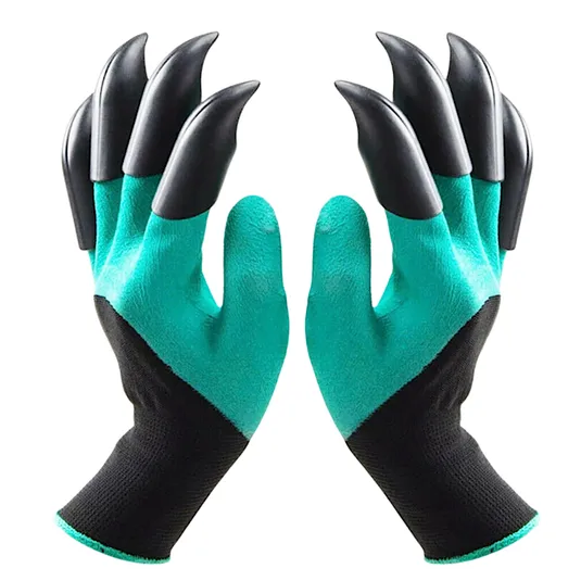 Green and black gardening gloves with attached black plastic claws for digging and planting.