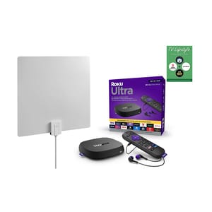 A flat square-shaped antenna, a Roku Ultra streaming device with remote, earbuds, and packaged boxes.