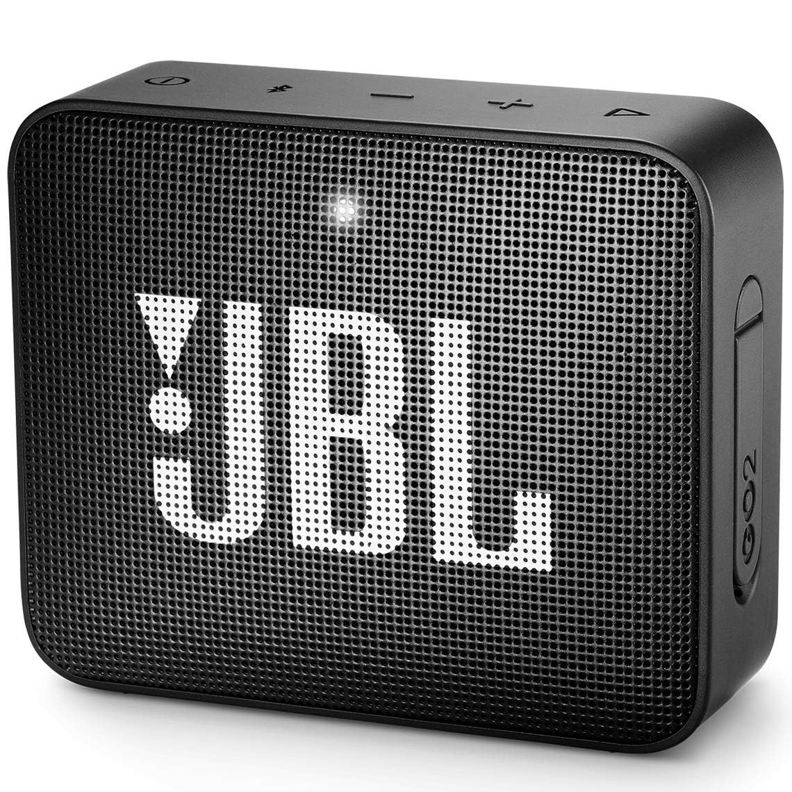 The JBL GO2 is a compact, portable Bluetooth speaker with a black rectangular design, featuring a mesh front with the JBL logo. It has control buttons on top for power, Bluetooth pairing, and volume control.