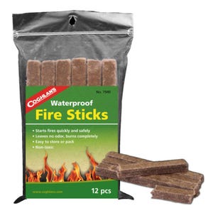A package of Coghlan's Waterproof Fire Sticks, containing 12 pieces, is designed to start fires quickly and safely.