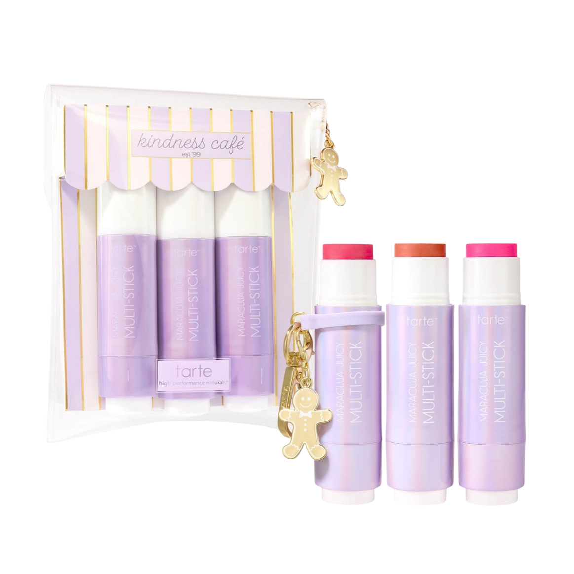 Tarte Kindness Café set includes three Maracuja Juicy Multi-Sticks in lavender tubes with a golden gingerbread charm.