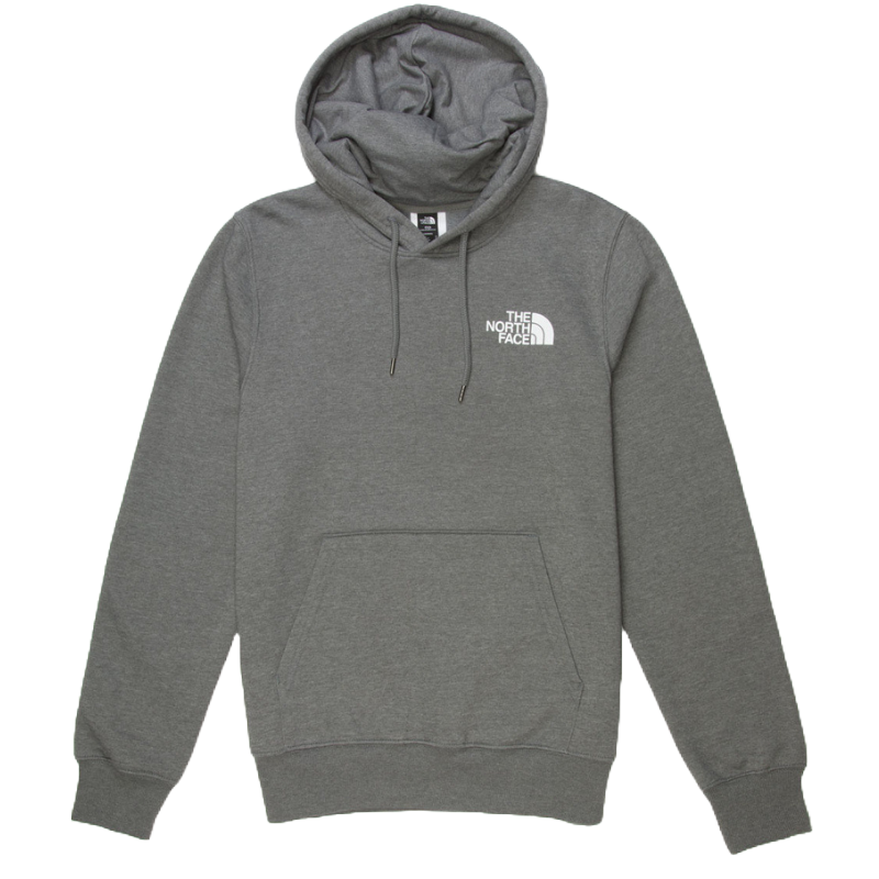 Gray hoodie with \“The North Face\“ logo on the chest, featuring a front pocket and adjustable hood.