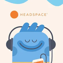 A smiling blue character with headphones listens to audio from a device. The word \“HEADSPACE\“ and an orange circle logo are shown above.