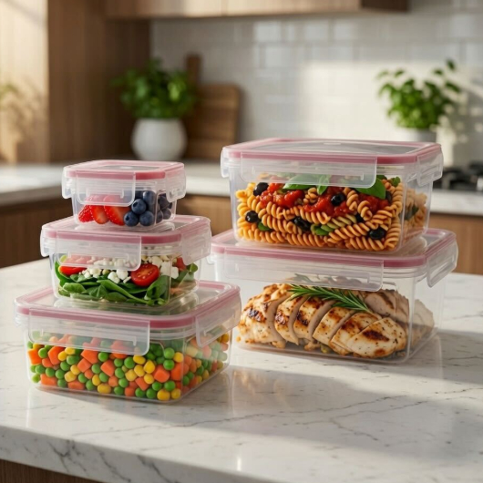 A set of stackable, clear plastic food storage containers with red lids is displayed, containing items like pasta, fruits, salad, grilled chicken, and vegetables, on a kitchen countertop.