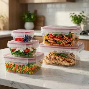 A set of stackable, clear plastic food storage containers with red lids is displayed, containing items like pasta, fruits, salad, grilled chicken, and vegetables, on a kitchen countertop.