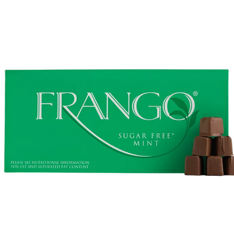 Frango Sugar Free Mint Chocolates are packaged in a green box featuring the brand name and \“Sugar Free Mint\“ labeling, with an image of stacked, chocolate-covered mint squares on the side.