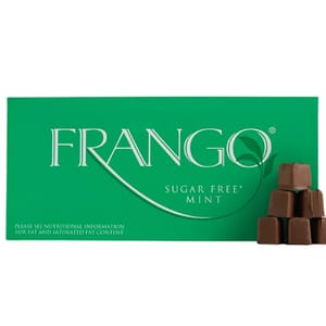 Frango Sugar Free Mint Chocolates are packaged in a green box featuring the brand name and \“Sugar Free Mint\“ labeling, with an image of stacked, chocolate-covered mint squares on the side.