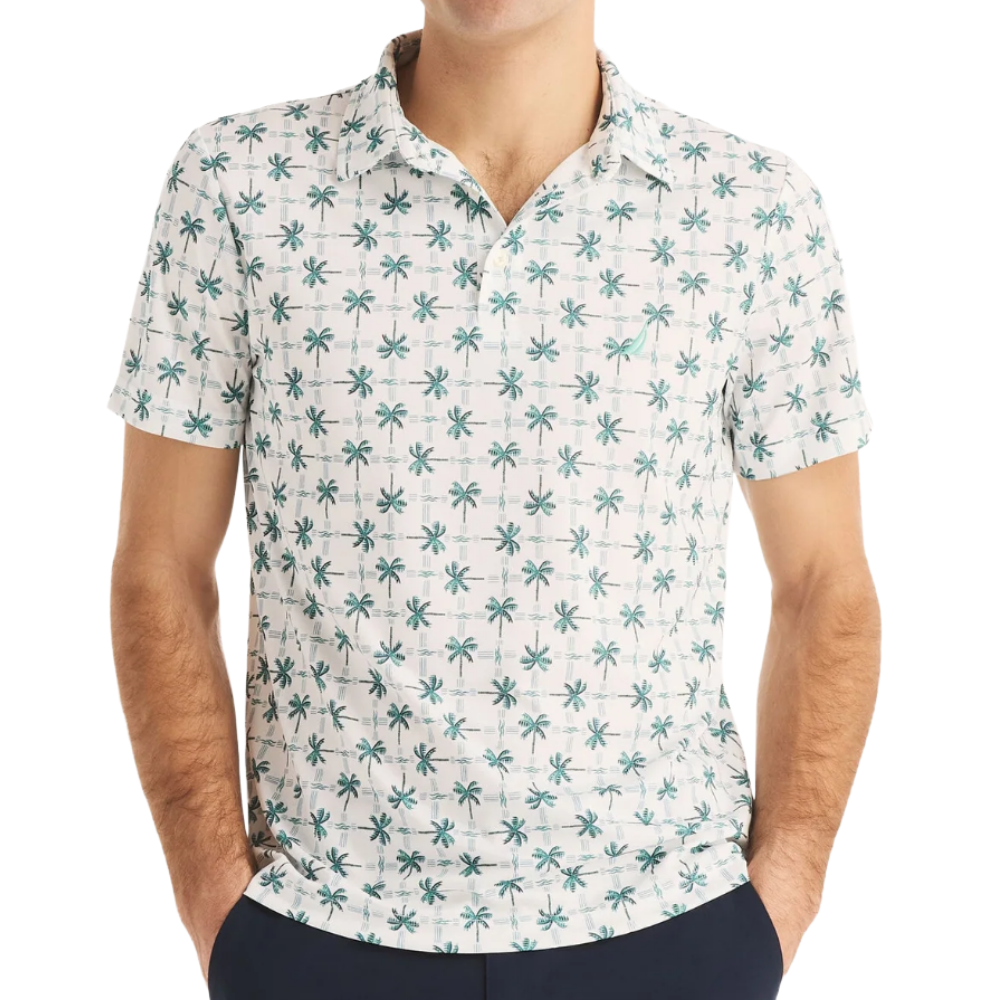Short-sleeve polo shirt with a white background featuring an all-over pattern of small green palm trees.