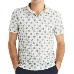 Short-sleeve polo shirt with a white background featuring an all-over pattern of small green palm trees.
