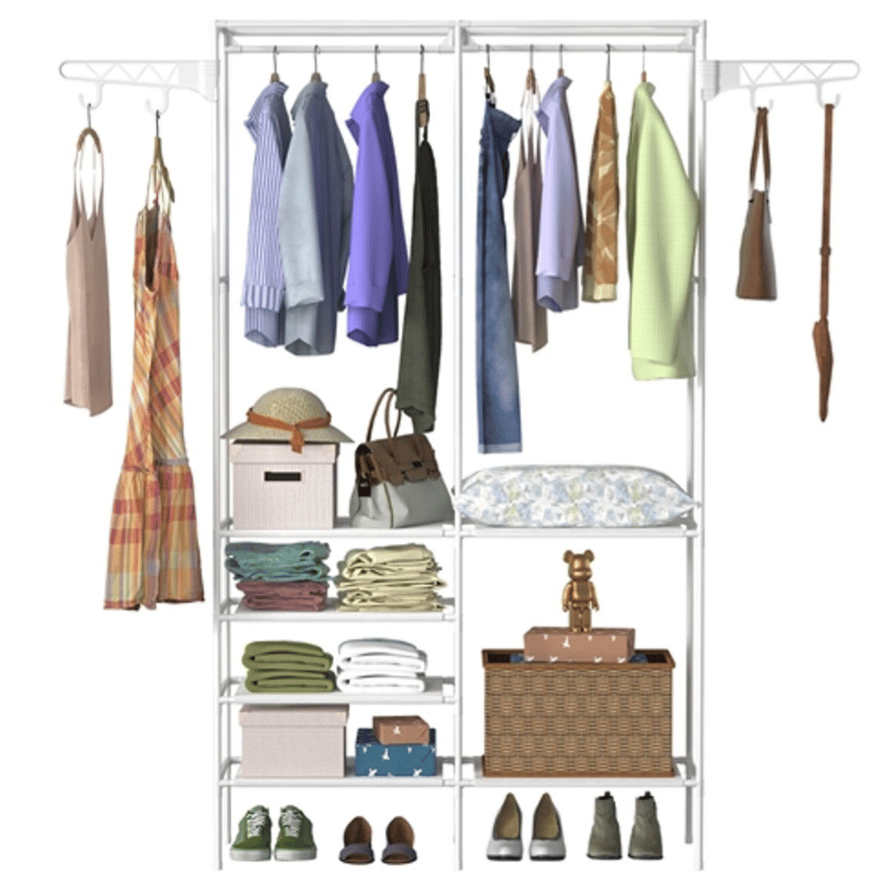 A white shelving unit holds hanging clothes, folded garments, shoes, bags, boxes, and decorative items. The unit includes a variety of clothing styles, accessories, and storage solutions in an organized manner.