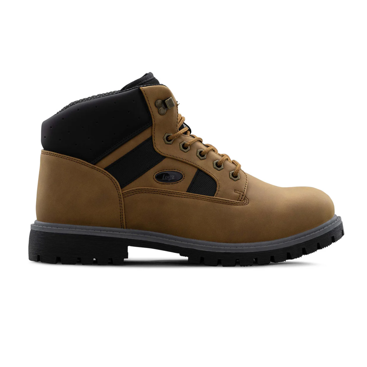 A tan and black ankle boot with a rugged sole, featuring lace-up closure and metal eyelets.