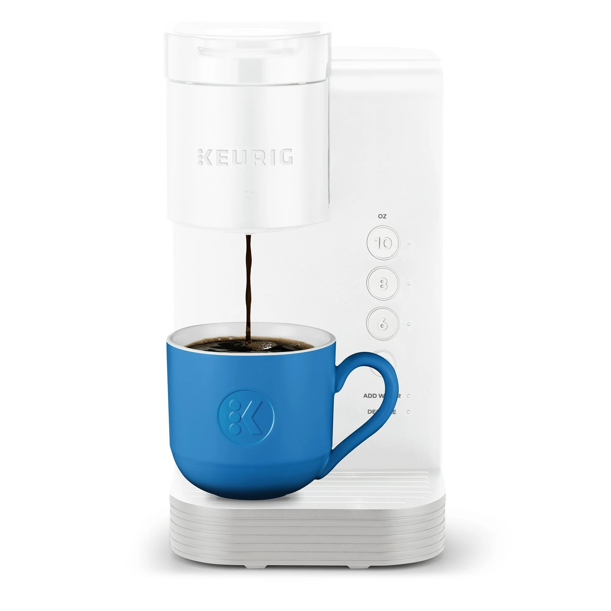 The Keurig K-Express Coffee Maker is a compact, white single-serve machine with customizable brew sizes of 6, 8, and 10 ounces. A blue mug is positioned to catch the coffee stream.