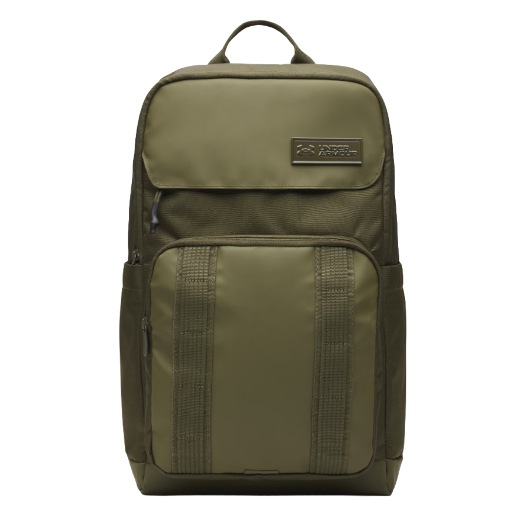 A green Under Armour backpack with a front zippered pocket, two side pockets, and a top handle. It has a sleek, minimalist design.