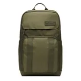 A green Under Armour backpack with a front zippered pocket, two side pockets, and a top handle. It has a sleek, minimalist design.