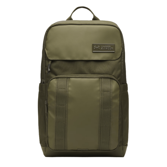 A green Under Armour backpack with a front zippered pocket, two side pockets, and a top handle. It has a sleek, minimalist design.