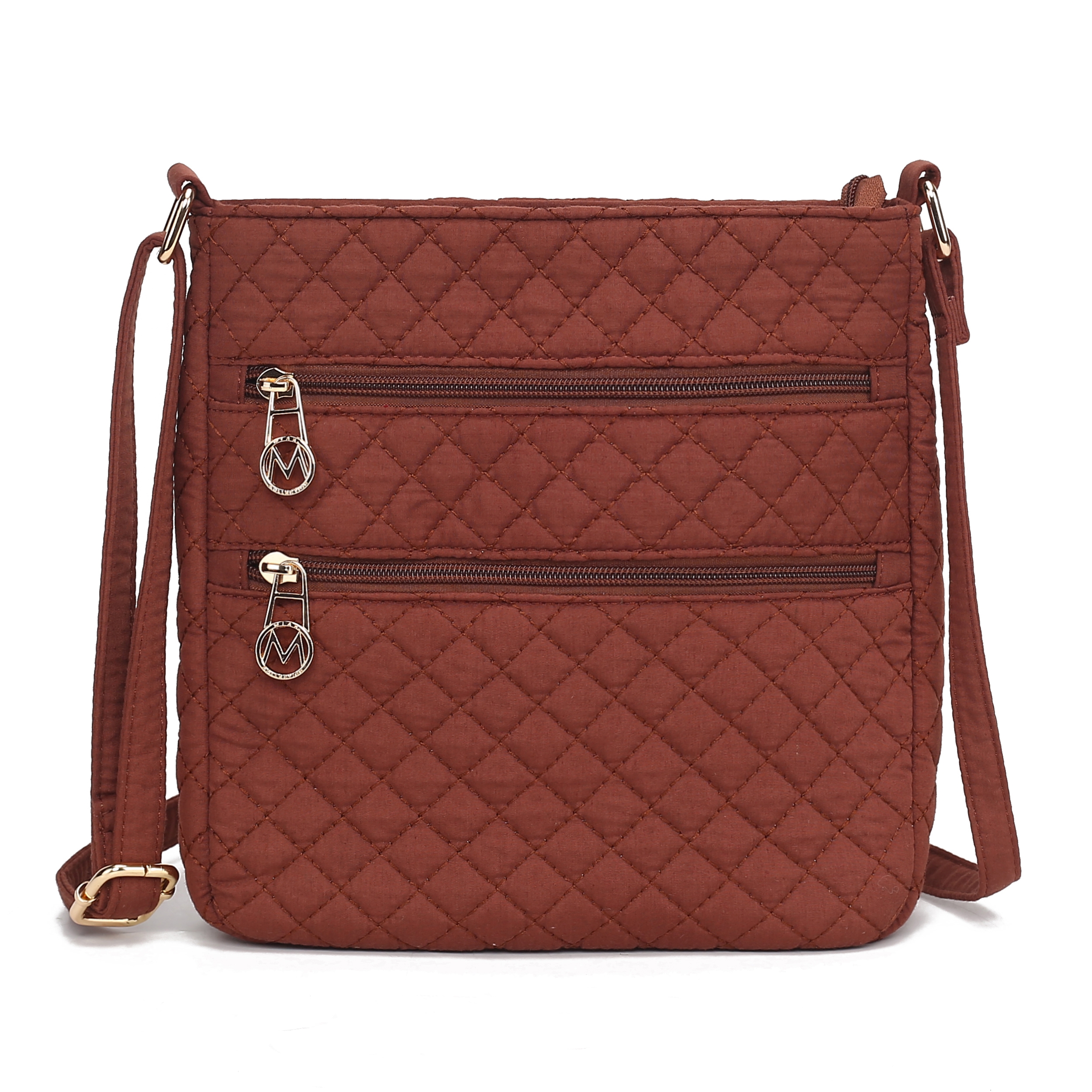 A brown quilted crossbody bag with two front zippered pockets and gold-tone hardware, featuring an adjustable strap.