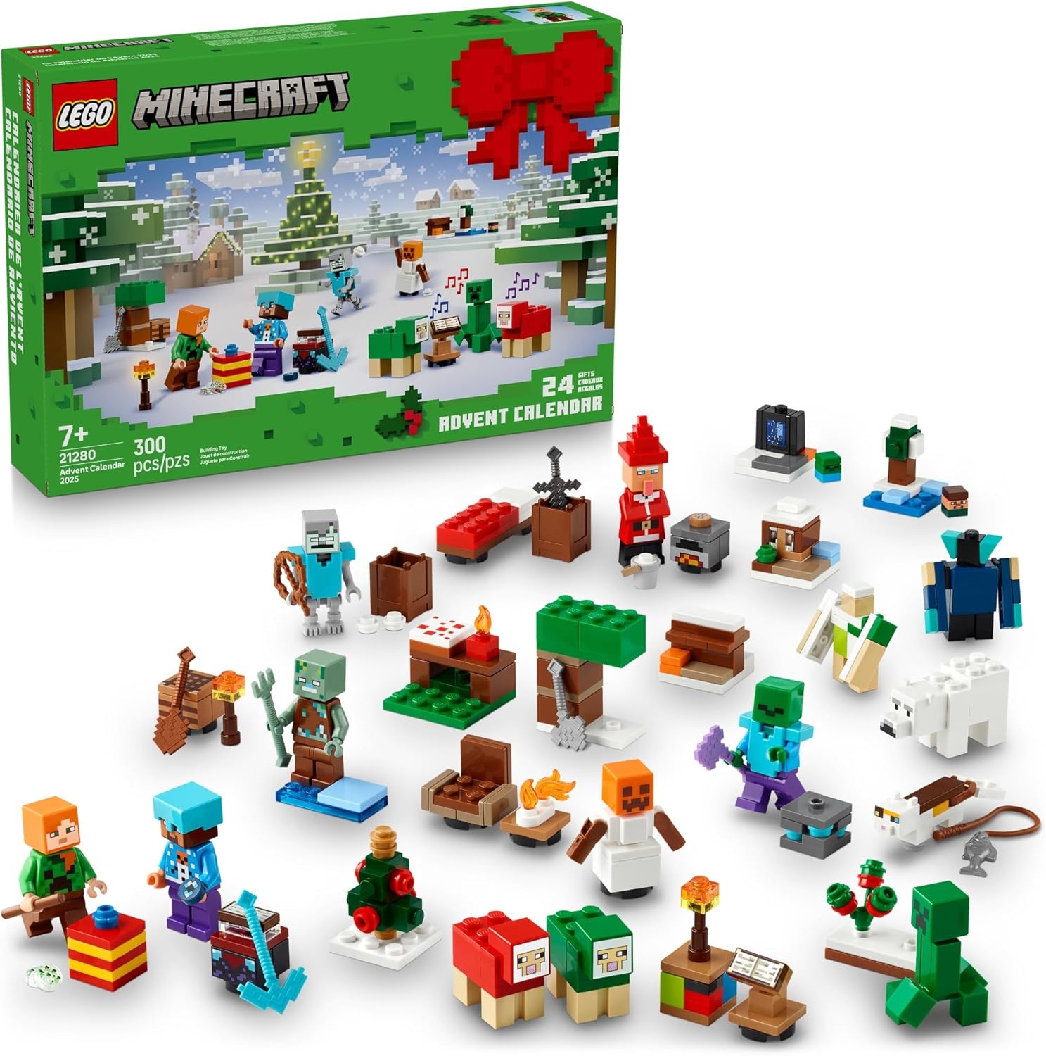 LEGO Minecraft Advent Calendar (Set 21280) with 300 pieces includes 24 buildable mini models and figures inspired by the game for ages 7 and up.