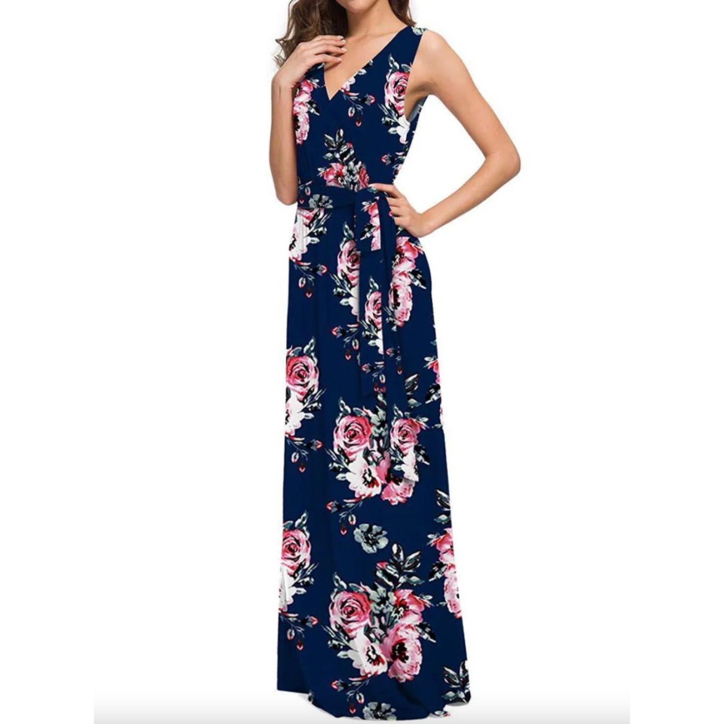 A navy blue floral print maxi dress with a V-neckline and a tied waist.