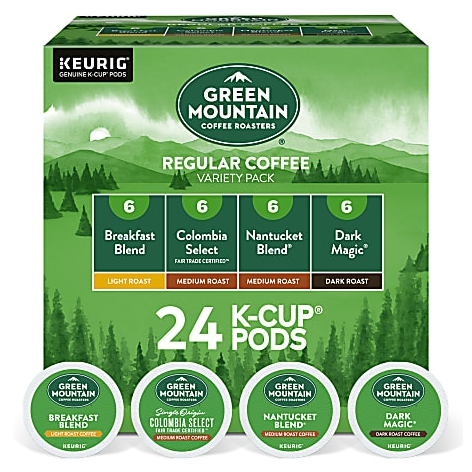Green Mountain Coffee Roasters Regular Coffee Variety Pack includes 24 K-Cup Pods with 6 each of Breakfast Blend (light roast), Colombia Select (medium roast), Nantucket Blend (medium roast), and Dark Magic (dark roast).