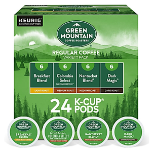 Green Mountain Coffee Roasters Regular Coffee Variety Pack includes 24 K-Cup Pods with 6 each of Breakfast Blend (light roast), Colombia Select (medium roast), Nantucket Blend (medium roast), and Dark Magic (dark roast).