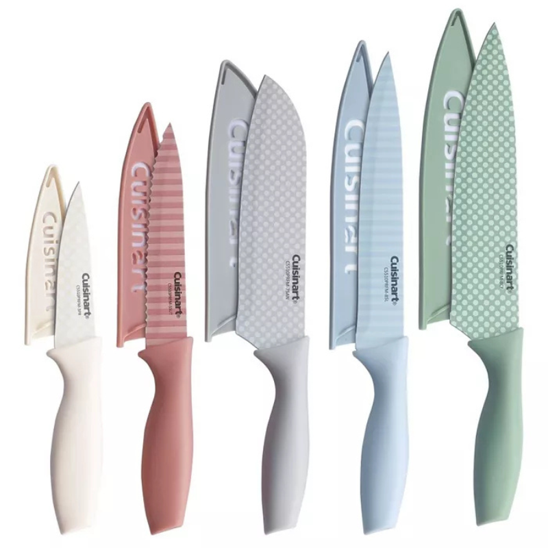 Cuisinart 10-piece farmhouse knife set includes five pastel-colored knives with matching blade covers, featuring a variety of blade styles such as paring, serrated, and chef's knives, each with a distinct color and pattern.