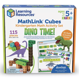 Learning Resources MathLink Cubes Dino Time! Set for ages 5+ includes 115 pieces and 30 math activities to develop math and STEM skills, featuring dinosaur-themed designs.