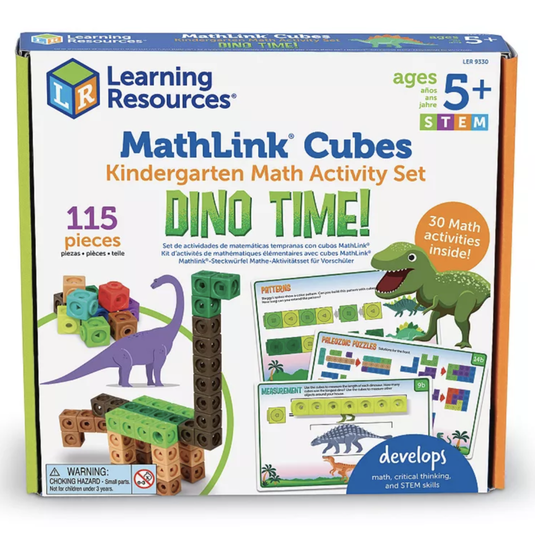 Learning Resources MathLink Cubes Dino Time! Set for ages 5+ includes 115 pieces and 30 math activities to develop math and STEM skills, featuring dinosaur-themed designs.